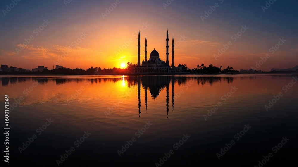 Naklejka premium Mosque at sunrise reflected in water