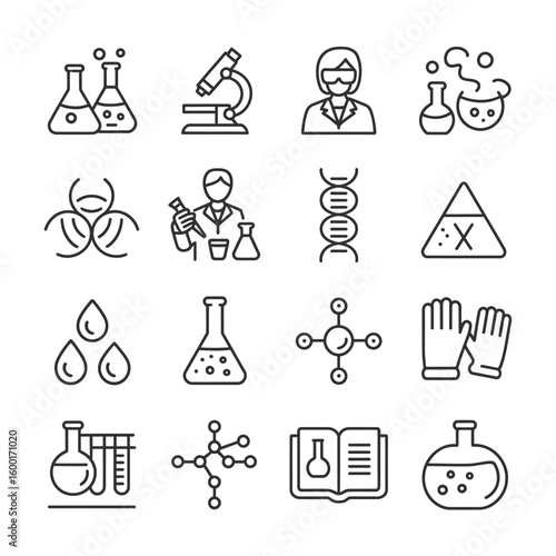 Collection of Black and White Line Art Science Icons Including Flasks Microscopes D N A Strands and Lab Equipment