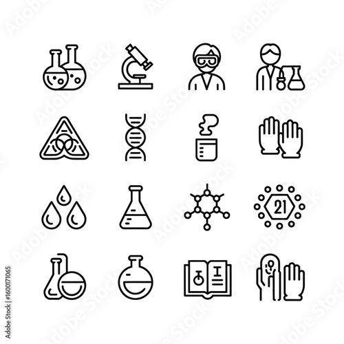 Collection of Black and White Line Art Science Icons Including Lab Equipment D N A Structure Scientists and Gloves