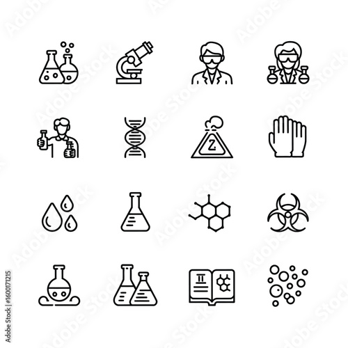 Collection of Black and White Line Icons Depicting Science Laboratory Equipment Scientists D N A Molecules and Hazard Symbols