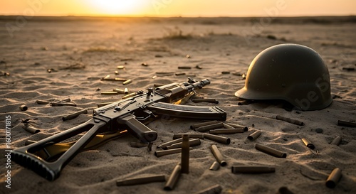 Desert Sunset: AK-47 Helmet and Spent Shells Wars Aftermath.