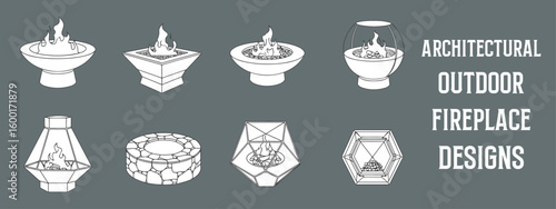 Minimalist Architectural Outdoor Fireplace Design Collection with Modern and Rustic Patio Fire Pit Illustrations for Landscape and CAD Projects