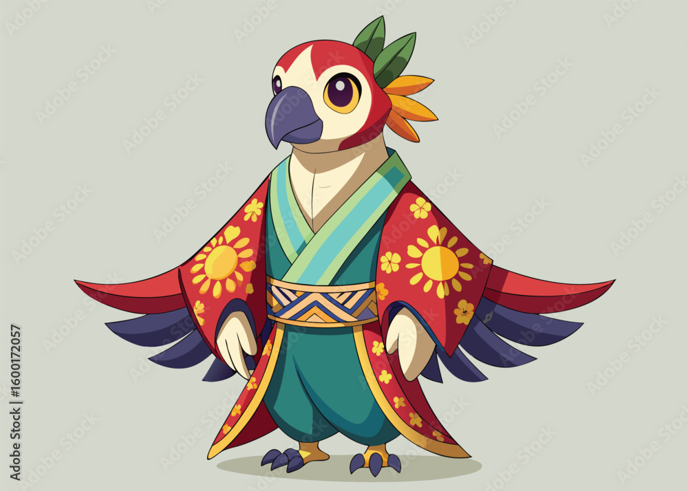 Naklejka premium Elegant Parrot in Traditional Kimono Graceful Vector Bird with Floral Patterns and Cultural Style 