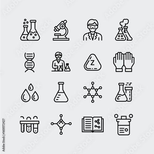 Collection of Sixteen Black Line Icons Depicting Science Laboratory Equipment and Experiments Including Flasks Beakers Test Tubes Microscope D