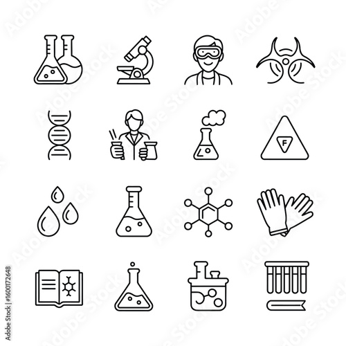 Collection of Sixteen Black Line Science Icons on White Background Including Erlenmeyer Flasks Beakers Test Tubes Microscope D N A Scientist