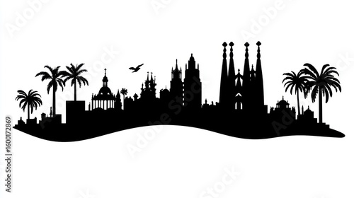 Silhouette of barcelona city skyline with palm trees.