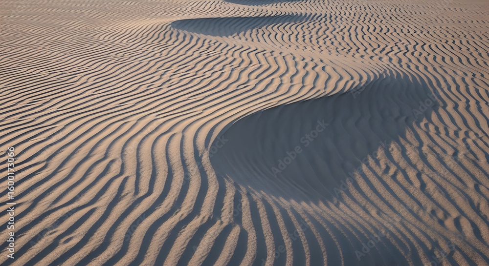 Obraz premium Aerial view of undulating sand dunes with visible wind patterns and shadows at sunset