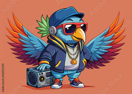 Hip Hop Parrot Vector Cool Streetwear Bird in Hoodie Snapback Hat Gold Chains & Sunglasses 