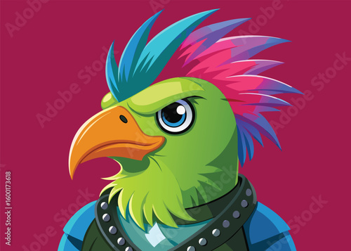 Punk Parrot Vector Edgy Bird with Mohawk Studded Leather and Rebellious Style in Flat Urban Illustration 