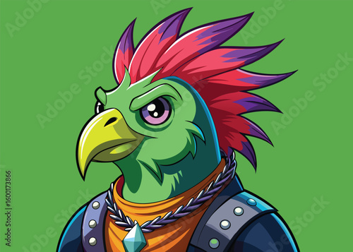 Punk Parrot Vector Edgy Bird with Mohawk Studded Leather and Rebellious Style in Flat Urban Illustration 