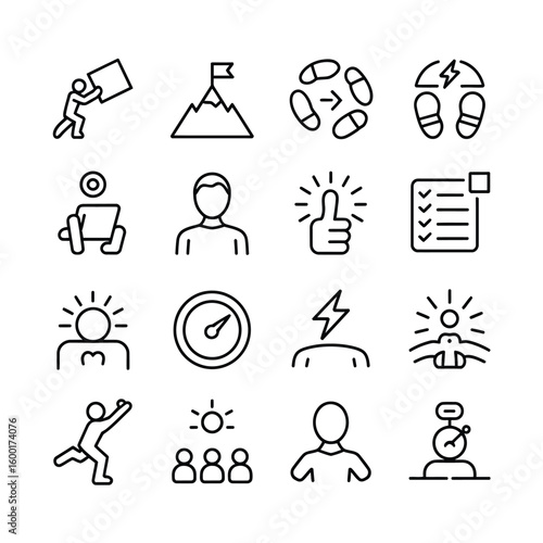 Collection of Sixteen Linear Black Line Art Icons Depicting Business Concepts such as Teamwork Goal Setting Progress and Achievement
