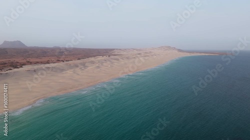 Praia de Chaves ( Chaves beach) popular tourist destination.Aerial view of ocean and sandy dune.Boa Vista island situated in the Atlantic Ocean. Republic of Cape Verde, Africa.