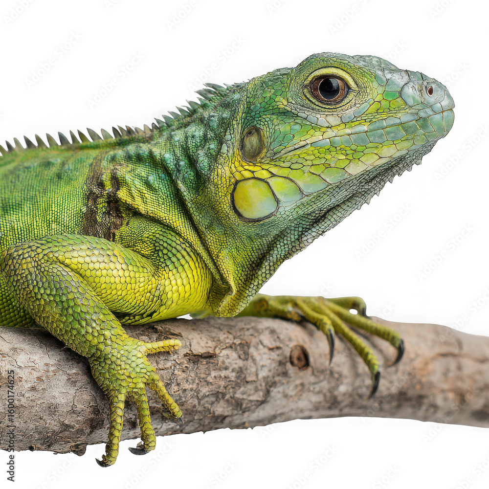 Fototapeta premium Close-up of a big green lizard on the branch on white background
