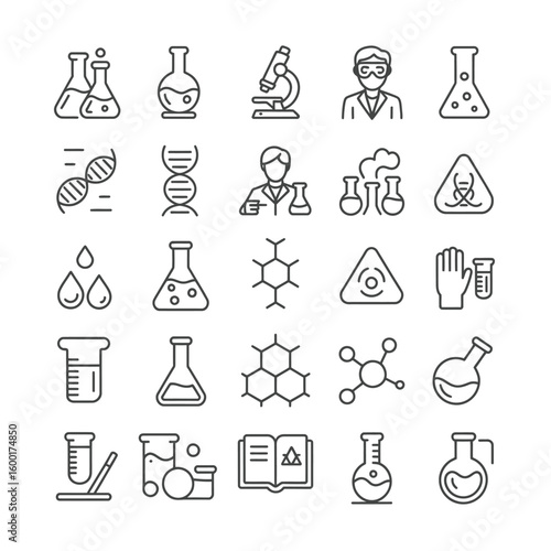 Collection of Thirty Black Outline Science Icons Including Erlenmeyer Flasks Beakers Test Tubes Scientist D N A Molecules Microscope and