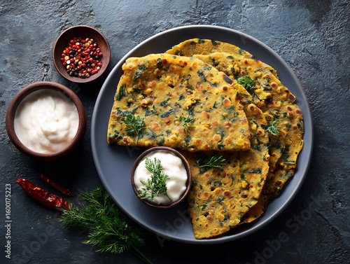 Plate of methi thepla pickle and yogurt Gujarati breakfast Indian flatbread vibrant food photography top down view