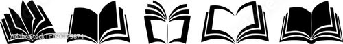 A series of five black silhouette icons, each depicting an open book in various stages and styles. From left to right: a book with fanned pages, a book open to a spread, a book with pages slightly spl