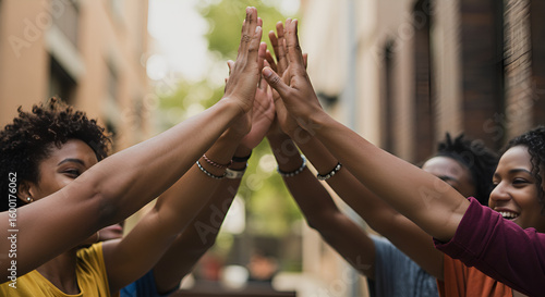 Joyful group of friends celebrating success with a high five in a city street.