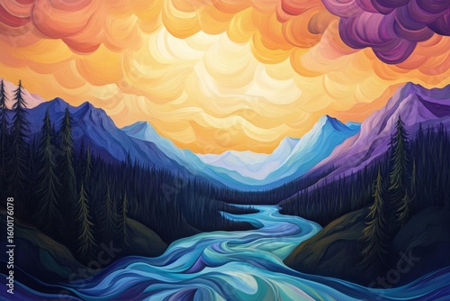 Painting of a river with mountains in the background. The sky is orange and the mountains are purple
