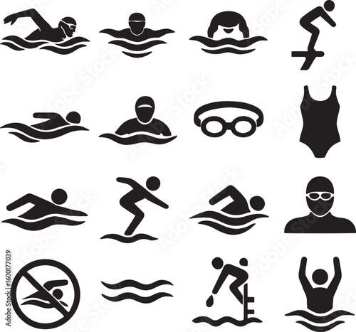 Silhouette Swimming Icon Collection – Minimalist Black Set of Aquatic Sports Symbols