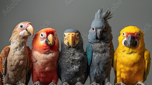 Flock of colorful parrots displaying communicative body language