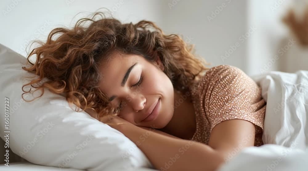 a woman sleeping peacefully in a comfortable bed, with eyes closed and a gentle smile on her face a woman sleeping peacefully in a comfortable bed, with eyes closed and a gentle smile on her face