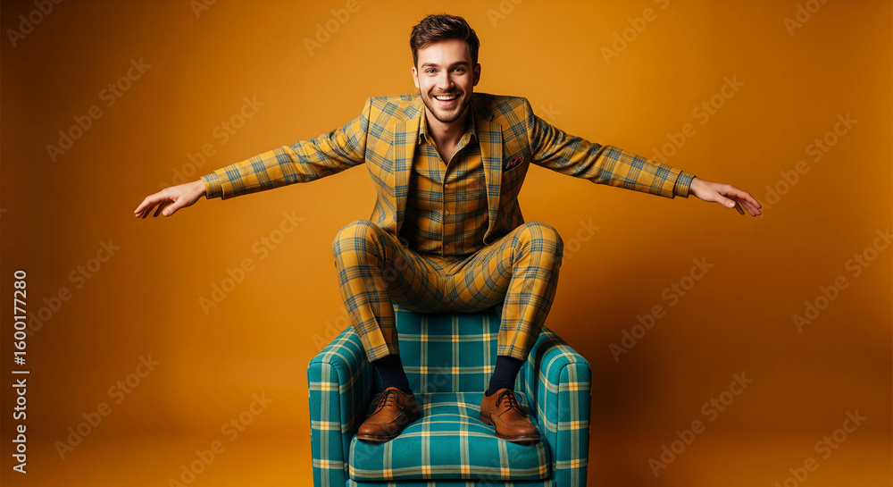 Fototapeta premium Smiling man in yellow plaid suit sitting on teal plaid armchair against orange background, showcasing fashion and style, ideal for advertising or editorial
