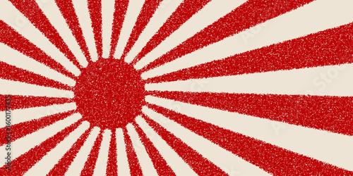 Japanese sun rays retro background. Hand drawn brush red sunlight flags, grunge Japan flag, rising sun textured shape. Vector