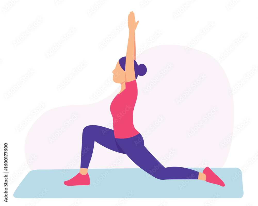 Fototapeta premium Lunge crescent pose in flat vector style. Flat design yoga lunge crescent pose. Minimal flat vector of crescent lunge.