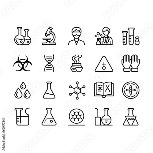 Collection of twenty black linear science icons on white background including beakers flasks microscope D N A molecule scientist symbols and more