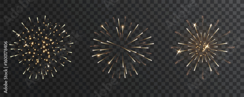 Sparkling 3D firework isolated. Gold celebration salute with fire and light trails bursting in dark sky. Vector display for holiday, event, or New Year party scenes.