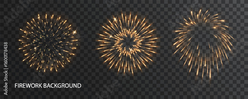 Firecracker explosion in night sky. 3D vector salute with glowing sparks and realistic light trails. New Year, carnival or festive background.