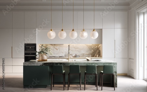 Elegant kitchen island with pendant lights.