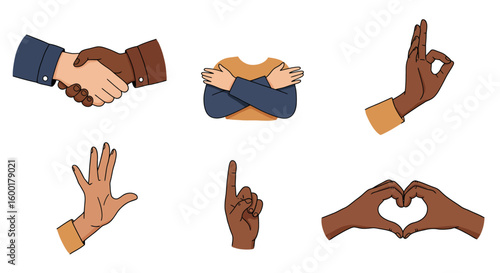 Diverse Hand Gestures and Body Language Illustrations