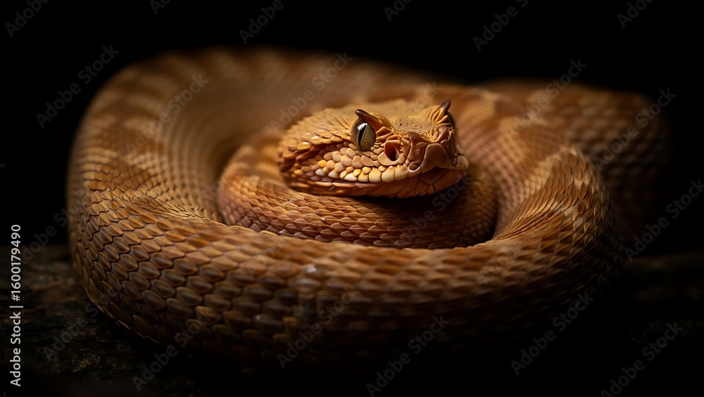 Fototapeta premium Brown coiled viper with patterned scales and piercing eyes snake reptile