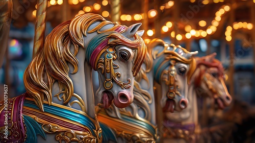 Detailed shot of a carousel horse with golden lights and rich colors capturing a classic ride