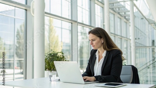 Focused Female Executive Working on Laptop in Modern Office
Professional Businesswoman Concentrating in a Bright Corporate Setting
Dedicated Woman Using Computer in a Contemporary Office Space