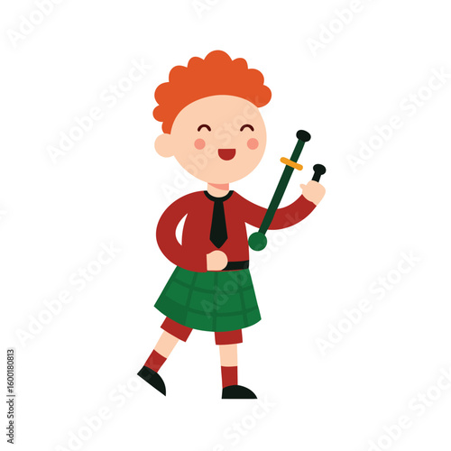 Illustration Of A Joyful Scottish Boy In Kilt