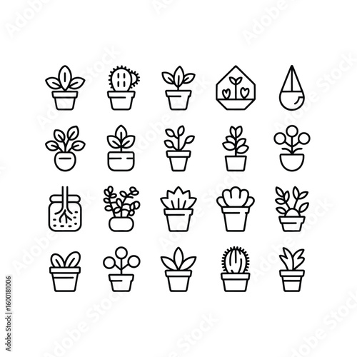 Collection of Twenty Four Black Outline Icons Depicting Various Potted Plants Including Succulents Cacti and Unique Planters