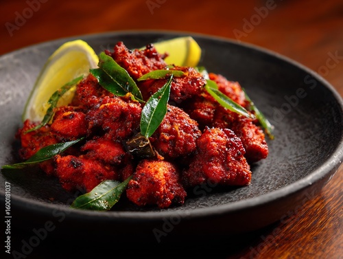 Plate of spicy chicken 65 garnished curry leaves and lemon South Indian starter crispy texture vibrant red color