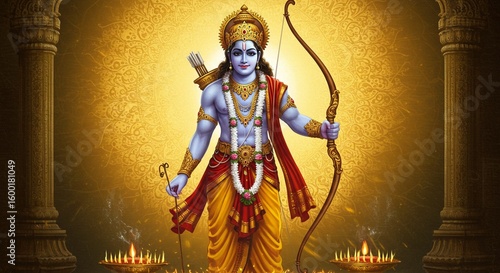 Illustration depicting the Hindu god Rama, holding a bow and arrow, adorned with traditional clothing and jewelry, standing between pillars with lit candles.