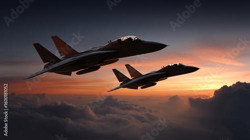 Dramatic sunset flight: Two fighter jets soaring through the twilight sky above clouds