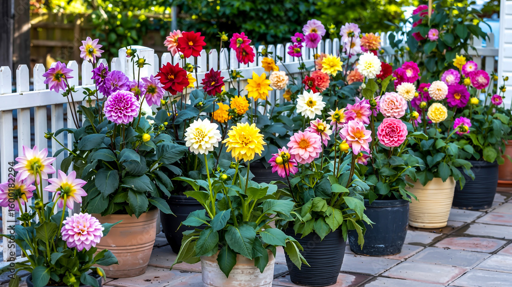 Obraz premium Vibrant garden with large colorful dahlias in black and beige ceramic pots on gray tiled patio