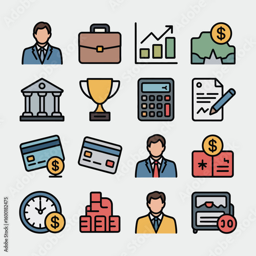 Colorful Business Icons Collection Featuring Financial Growth Charts Credit Cards Businessmen Bank Trophy Calculator Document Time Clock and More