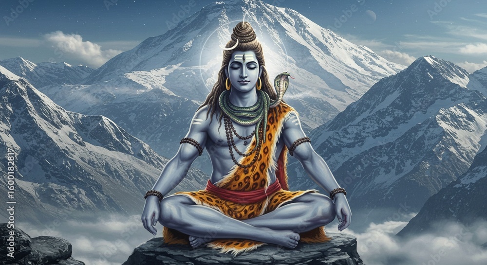 Fototapeta premium Hindu deity Shiva meditating atop a snow-capped mountain range, serene and powerful.