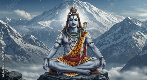 Hindu deity Shiva meditating atop a snow-capped mountain range, serene and powerful.