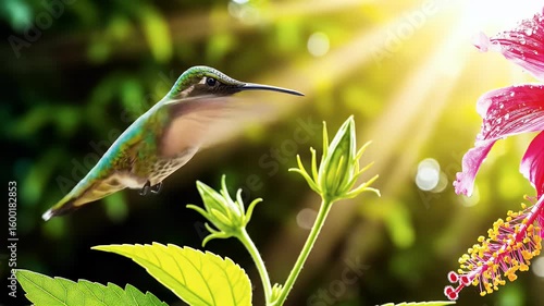 A hummingbird hovers near a red hibiscus flower, bathed in sunlight, with green foliage in the background.