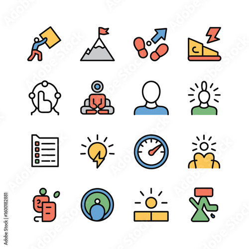 Colorful Collection of Fifteen Flat Design Icons Depicting Business Concepts such as Teamwork Goal Achievement Progress and Innovation Ideas