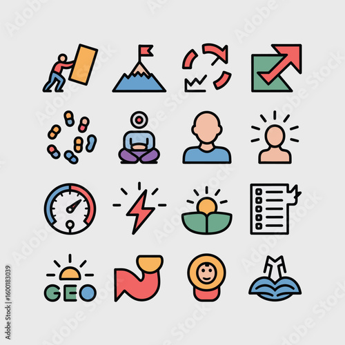 Colorful Collection of Fifteen Flat Design Icons Depicting Concepts of Progress Growth Achievement Mindfulness and Personal Development
