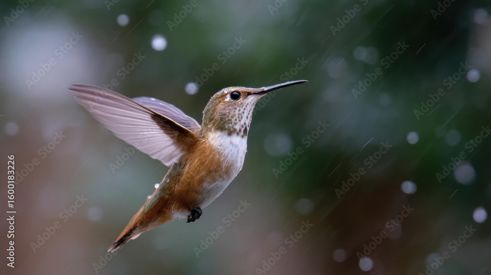Fototapeta premium Close-up of a hummingbird in mid-flight. the bird is facing towards the right side of the image, with its wings spread wide and its beak open as if it is about to take flight.
