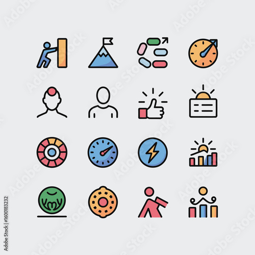 Colorful Collection of Fifteen Flat Design Icons Depicting Progress Achievement Success Speed and Growth Concepts Featuring People Charts